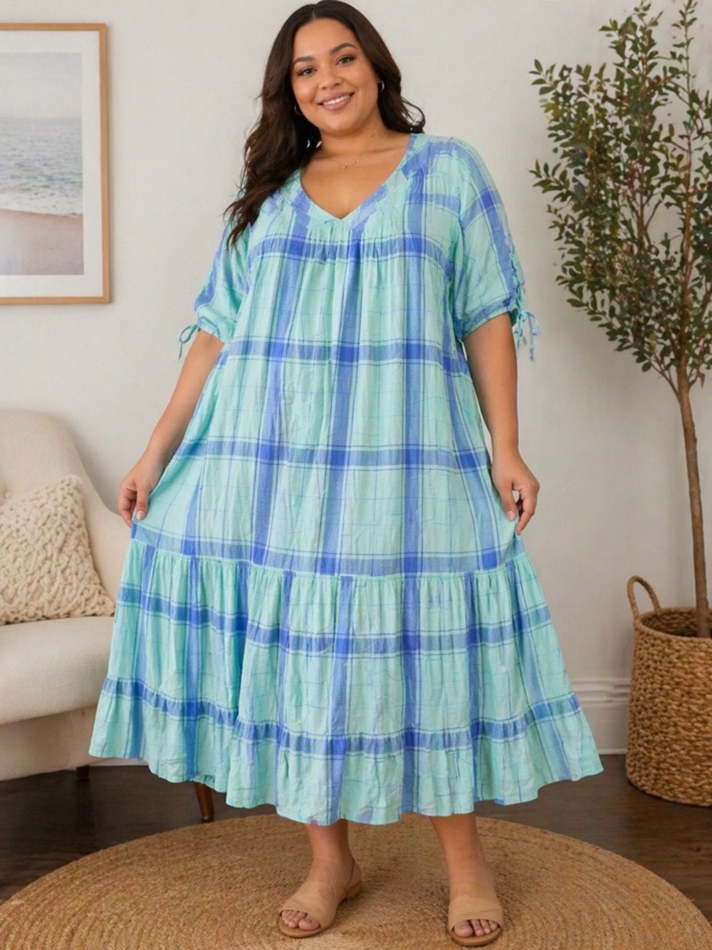 Terra & Sky Light Blue and Aqua Plaid Tiered Maxi Dress